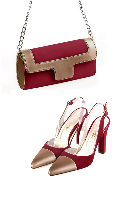 Women's burgundy red and copper luxurious elegant clutch for ceremonies, weddings and evenings out. - Worn view